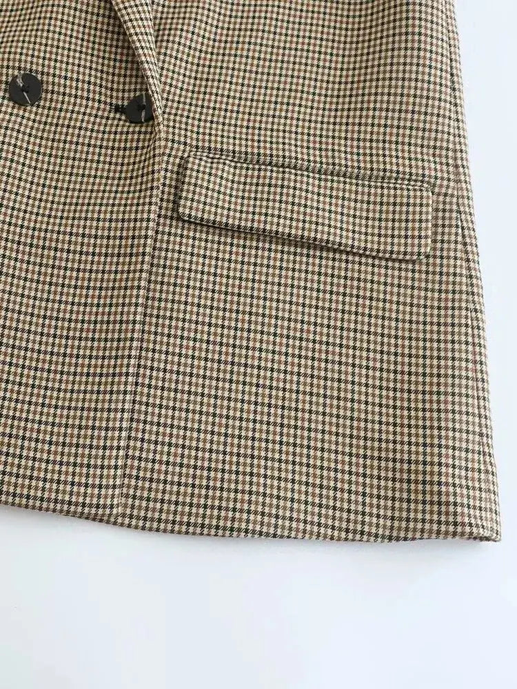 Women Fashion Double Breasted Plaid Blazer Coat