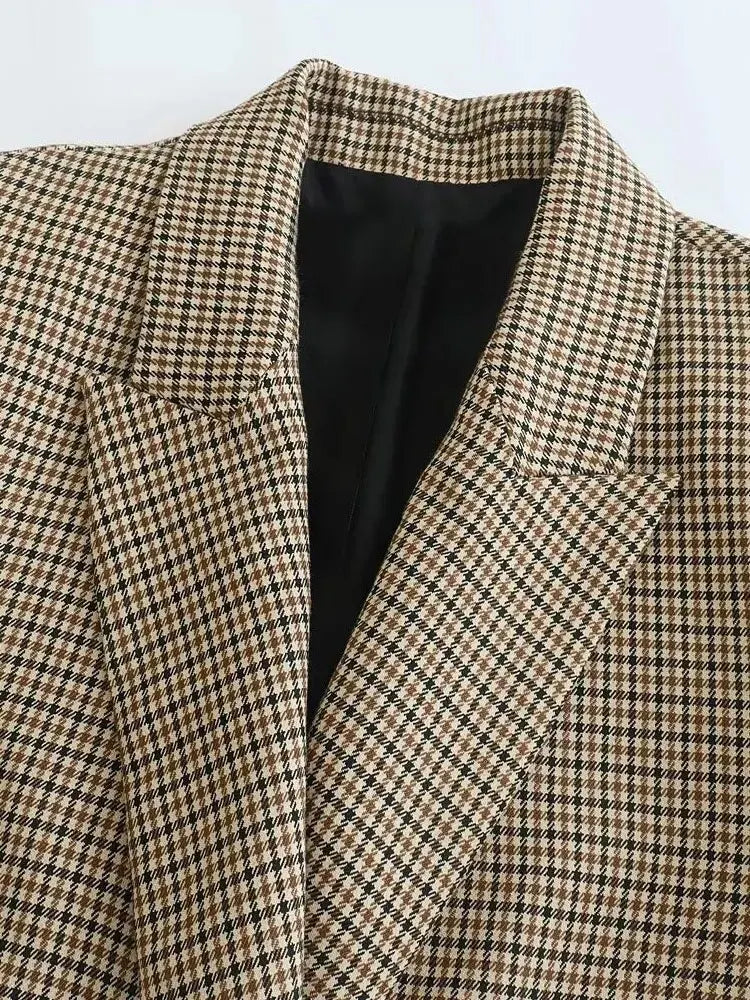 Women Fashion Double Breasted Plaid Blazer Coat